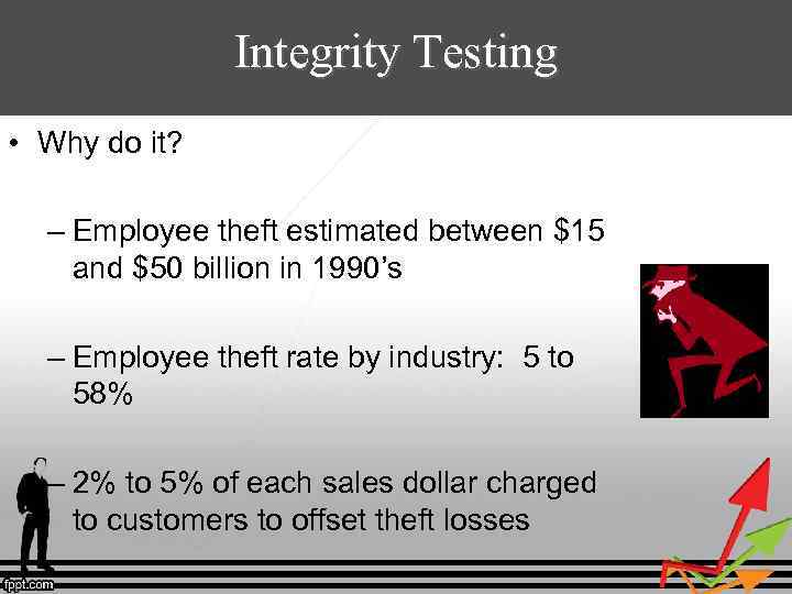 Integrity Testing • Why do it? – Employee theft estimated between $15 and $50