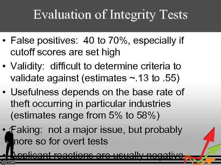 Evaluation of Integrity Tests • False positives: 40 to 70%, especially if cutoff scores