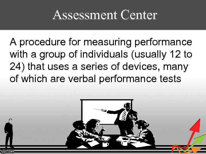 Assessment Center A procedure for measuring performance with a group of individuals (usually 12