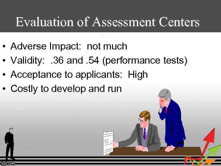 Evaluation of Assessment Centers • • Adverse Impact: not much Validity: . 36 and.