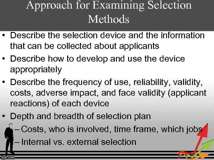 Approach for Examining Selection Methods • Describe the selection device and the information that