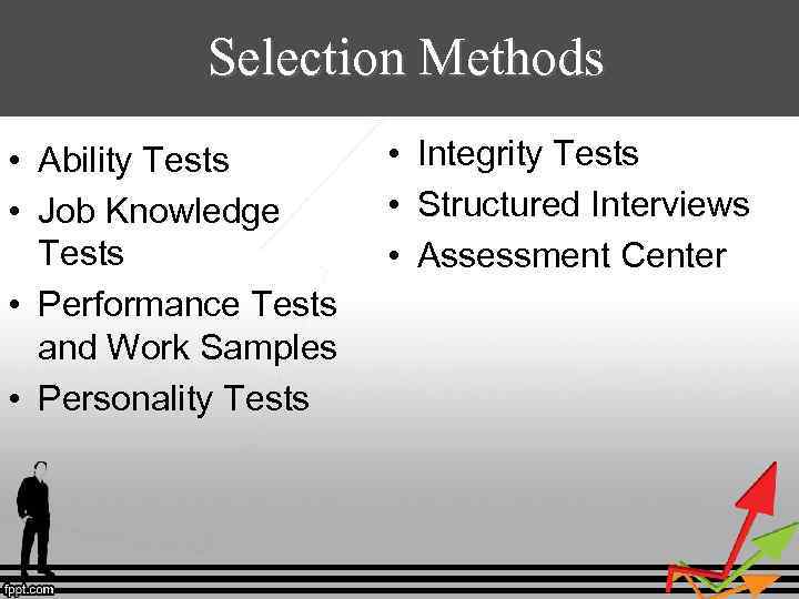 Selection Methods • Ability Tests • Job Knowledge Tests • Performance Tests and Work