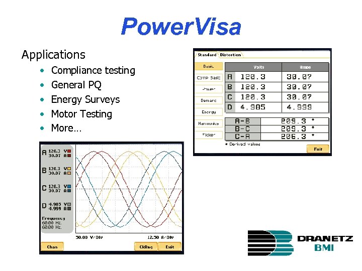 Power. Visa Applications • • • Compliance testing General PQ Energy Surveys Motor Testing