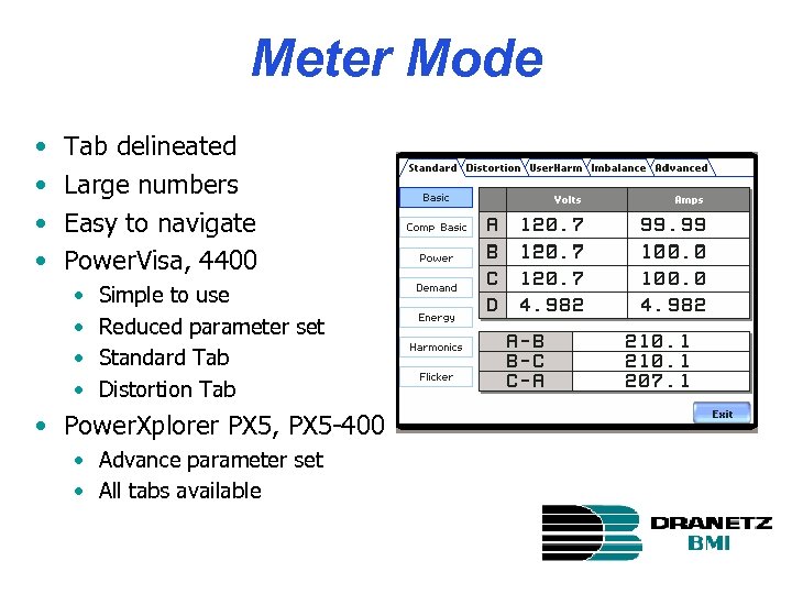 Meter Mode • • Tab delineated Large numbers Easy to navigate Power. Visa, 4400