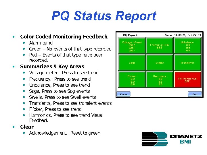 PQ Status Report • Color Coded Monitoring Feedback • Alarm panel • Green –
