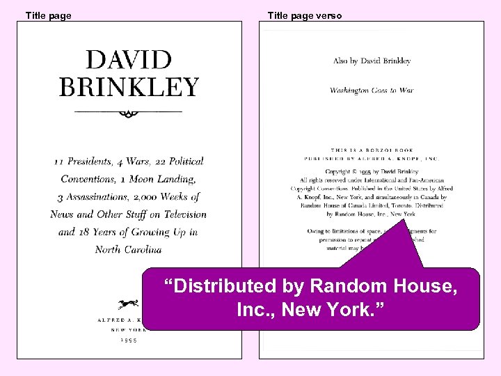 Title page verso “Distributed by Random House, Inc. , New York. ” 