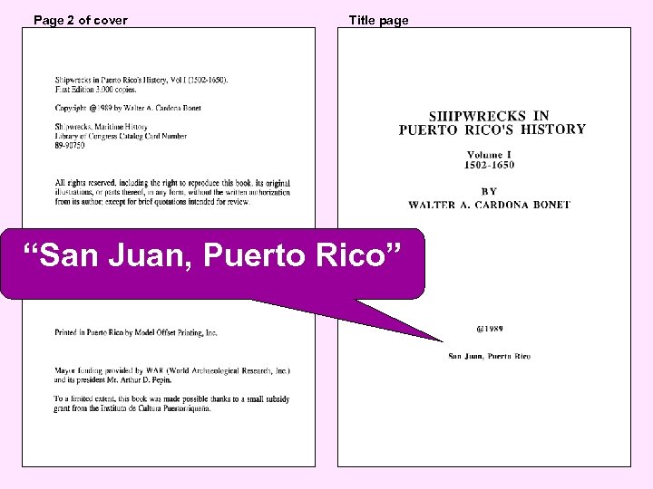 Page 2 of cover Title page “San Juan, Puerto Rico” 