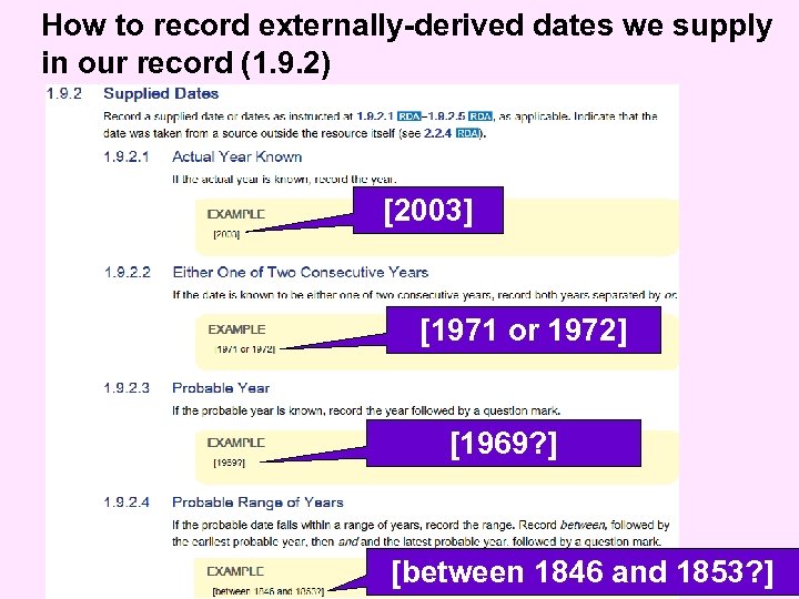 How to record externally-derived dates we supply in our record (1. 9. 2) [2003]