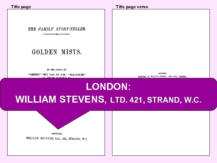 Title page verso LONDON: WILLIAM STEVENS, LTD. 421, STRAND, W. C. 