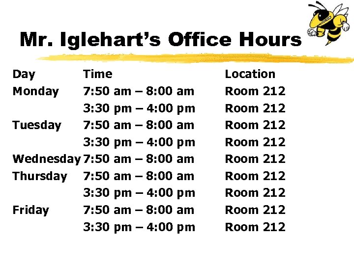 Mr. Iglehart’s Office Hours Day Monday Time 7: 50 am – 8: 00 am