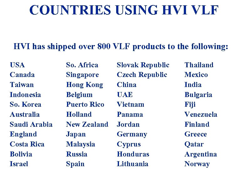 COUNTRIES USING HVI VLF HVI has shipped over 800 VLF products to the following: