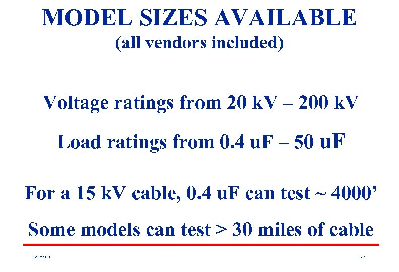 MODEL SIZES AVAILABLE (all vendors included) Voltage ratings from 20 k. V – 200