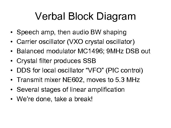 Verbal Block Diagram • • Speech amp, then audio BW shaping Carrier oscillator (VXO