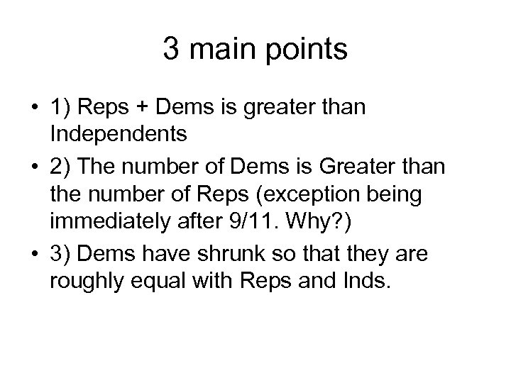 3 main points • 1) Reps + Dems is greater than Independents • 2)