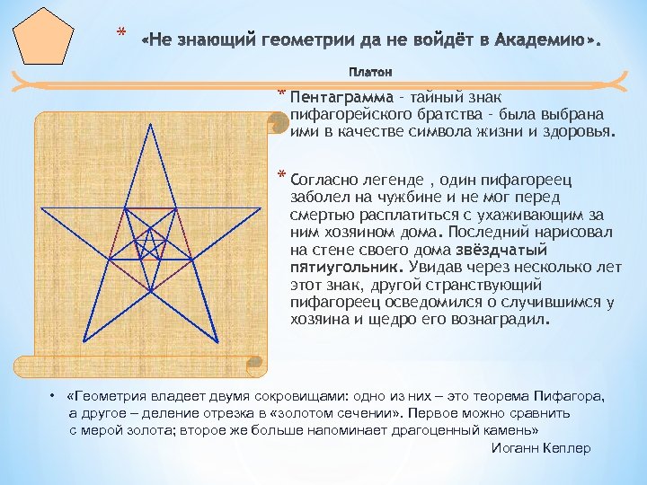 * * Пентаграмма – тайный знак пифагорейского братства – была выбрана ими в качестве