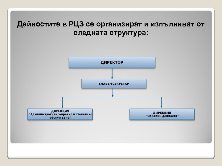 Дейностите в РЦЗ се организират и изпълняват от следната структура: 