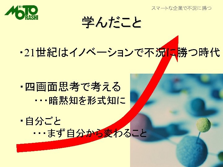 スマートな企業で不況に勝つ 学んだこと ・ 21世紀はイノベーションで不況に勝つ時代 ・四画面思考で考える 　　・・・暗黙知を形式知に ・自分ごと 　　・・・まず自分から変わること 