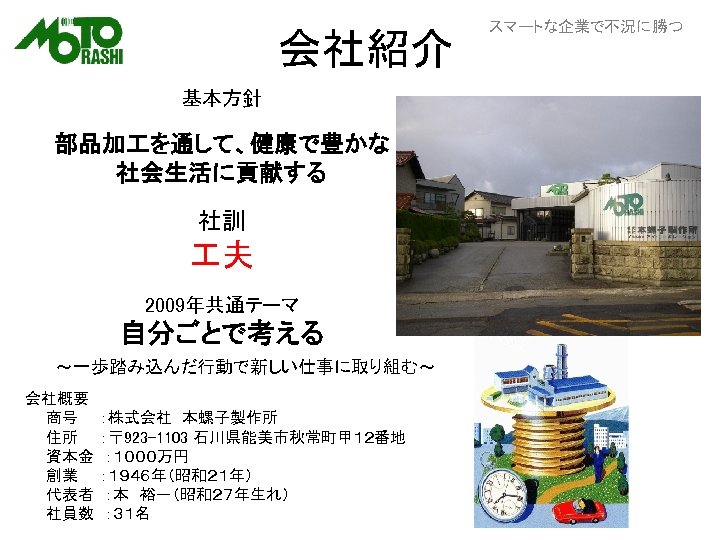 会社紹介 基本方針 部品加 を通して、健康で豊かな 社会生活に貢献する 社訓 夫 2009年共通テーマ 自分ごとで考える 　　　～一歩踏み込んだ行動で新しい仕事に取り組む～ 会社概要 　　商号　　：株式会社　本螺子製作所 　　住所　　：〒 923