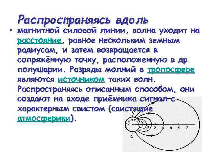 Распространяясь вдоль • магнитной силовой линии, волна уходит на расстояние, равное нескольким земным радиусам,