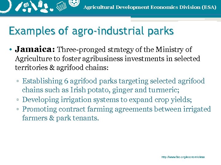Agricultural Development Economics Division (ESA) Examples of agro-industrial parks • Jamaica: Three-pronged strategy of