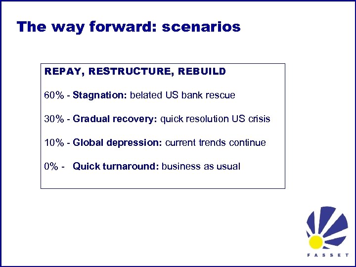 The way forward: scenarios REPAY, RESTRUCTURE, REBUILD 60% - Stagnation: belated US bank rescue
