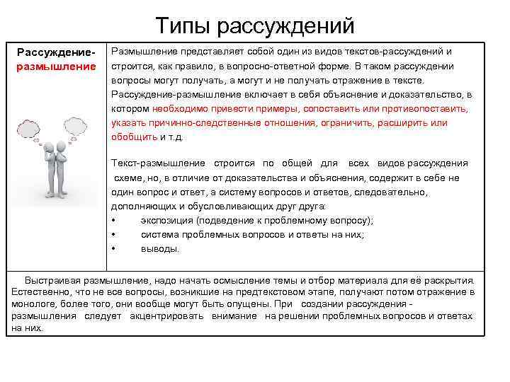 Типы рассуждений Рассуждениеразмышление Размышление представляет собой один из видов текстов-рассуждений и строится, как правило,