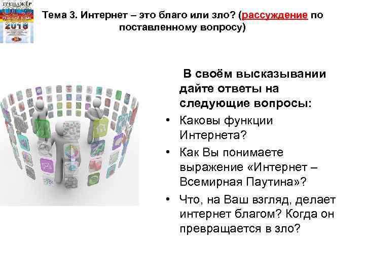 Тема 3. Интернет – это благо или зло? (рассуждение по поставленному вопросу) В своём