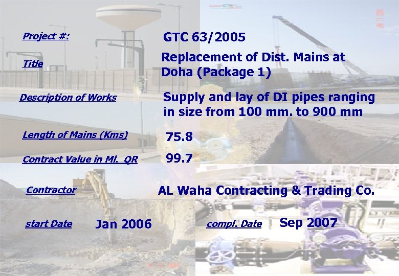 Project #: GTC 63/2005 Title Replacement of Dist. Mains at Doha (Package 1) Description
