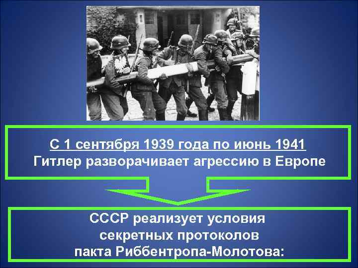 С 1 сентября 1939 года по июнь 1941 Гитлер разворачивает агрессию в Европе СССР