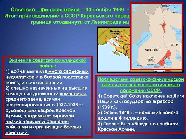 Советско – финская война – 30 ноября 1939 - 12 марта 1940. Итог: присоединение