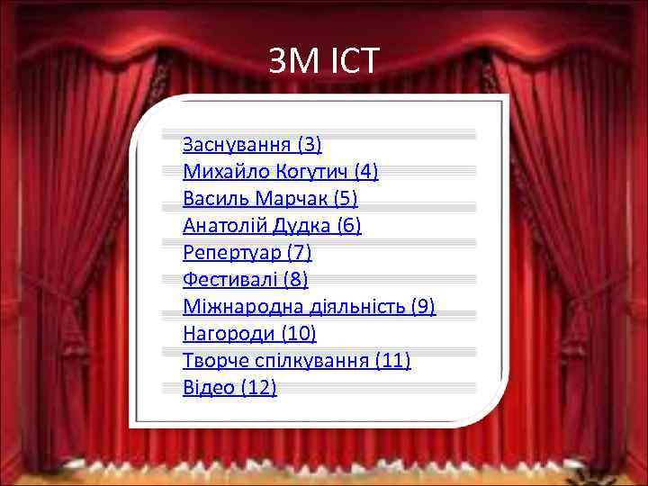 ЗМ ІСТ Заснування (3) Михайло Когутич (4) Василь Марчак (5) Анатолій Дудка (6) Репертуар