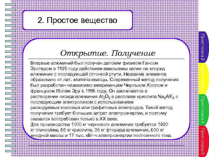 2. Простое вещество Пункт плана 3 Пункт плана 4 Пункт плана 5 Впервые алюминий