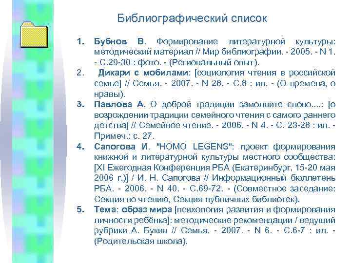 Библиографический список 1. 2. 3. 4. 5. Бубнов В. Формирование литературной культуры: методический материал