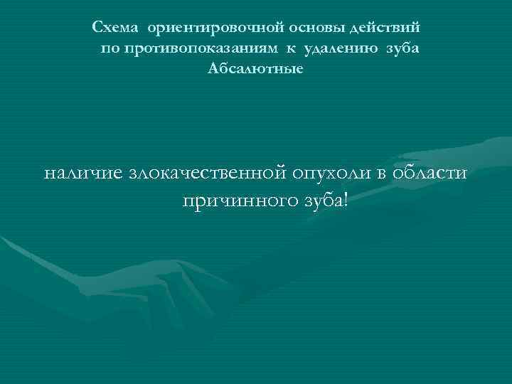 Схема ориентировочной основы действий по противопоказаниям к удалению зуба Абсалютные наличие злокачественной опухоли в