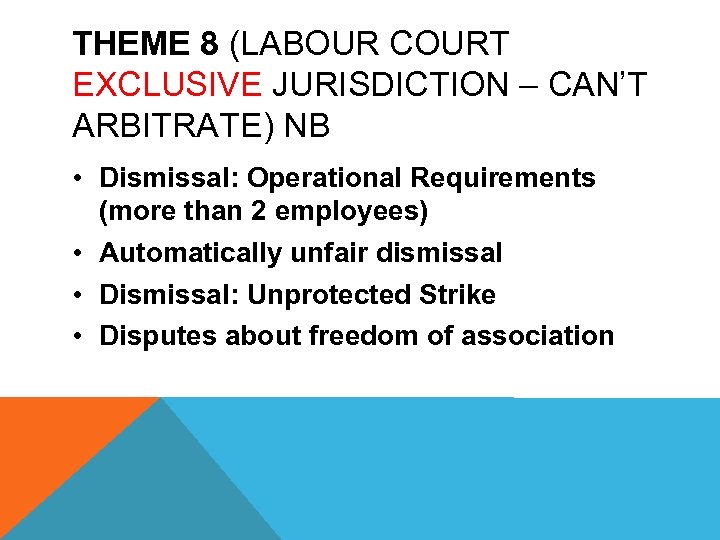 THEME 8 (LABOUR COURT EXCLUSIVE JURISDICTION – CAN’T ARBITRATE) NB • Dismissal: Operational Requirements