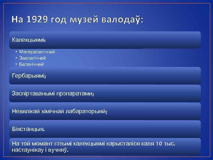 На 1929 год музей валодаў: Калекцыямі: • Менералагічнай • Заалагічнай • Батанічнай Гербарыямі; Заспіртаванымі