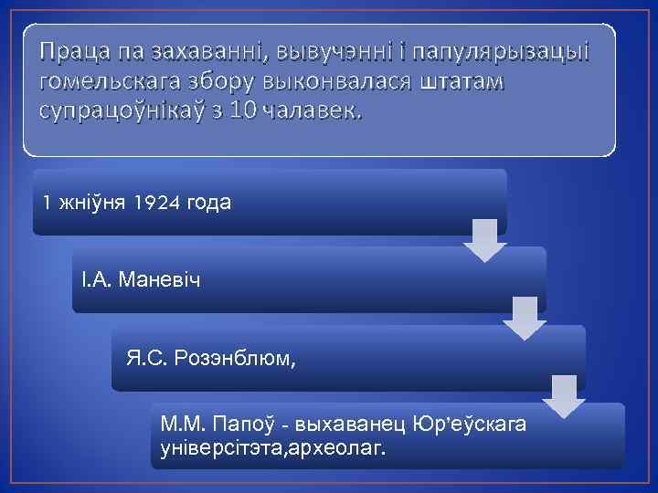 Праца па захаванні, вывучэнні і папулярызацыі гомельскага збору выконвалася штатам супрацоўнікаў з 10 чалавек.