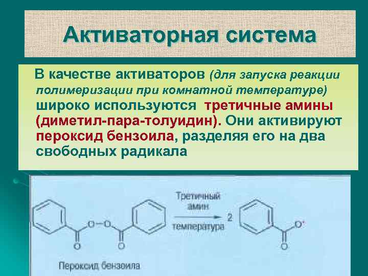 Активаторная система В качестве активаторов (для запуска реакции полимеризации при комнатной температуре) широко используются