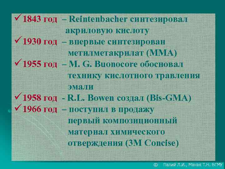 ü 1843 год – Reintenbacher синтезировал ü 1930 год ü 1955 год ü 1958