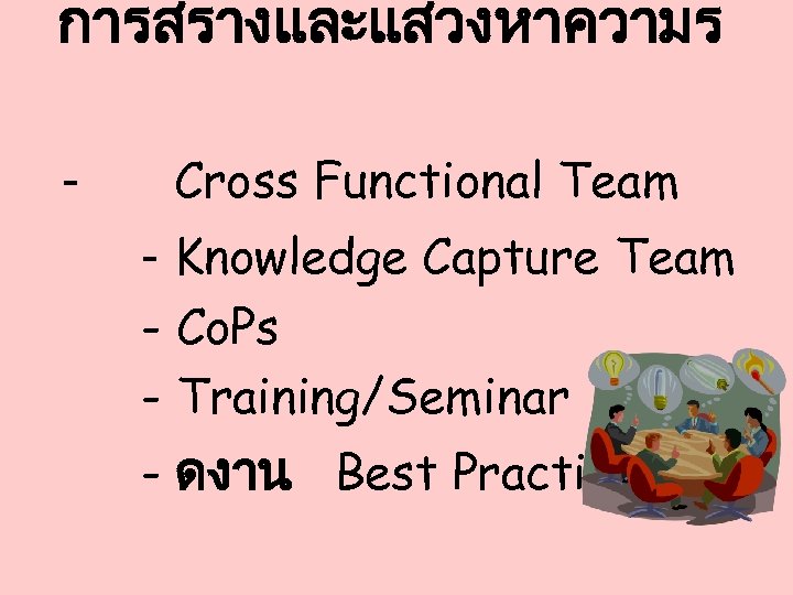 การสรางและแสวงหาความร - Cross Functional Team - Knowledge Capture Team - Co. Ps - Training/Seminar