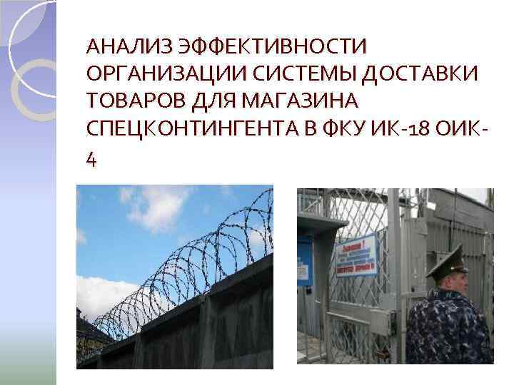 АНАЛИЗ ЭФФЕКТИВНОСТИ ОРГАНИЗАЦИИ СИСТЕМЫ ДОСТАВКИ ТОВАРОВ ДЛЯ МАГАЗИНА СПЕЦКОНТИНГЕНТА В ФКУ ИК-18 ОИК 4