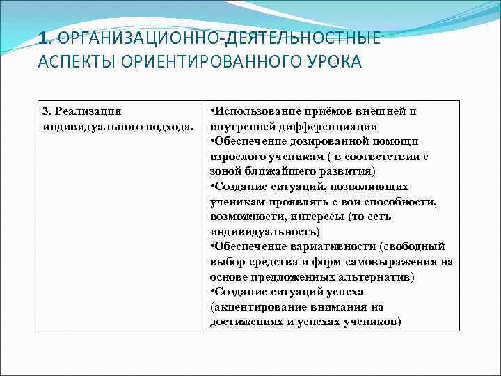 1. ОРГАНИЗАЦИОННО-ДЕЯТЕЛЬНОСТНЫЕ АСПЕКТЫ ОРИЕНТИРОВАННОГО УРОКА 3. Реализация индивидуального подхода. • Использование приёмов внешней и