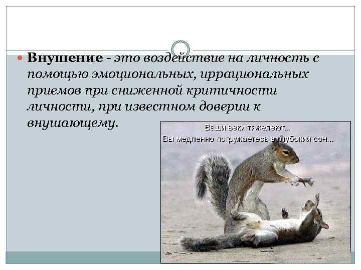  Внушение - это воздействие на личность с помощью эмоциональных, иррациональных приемов при сниженной