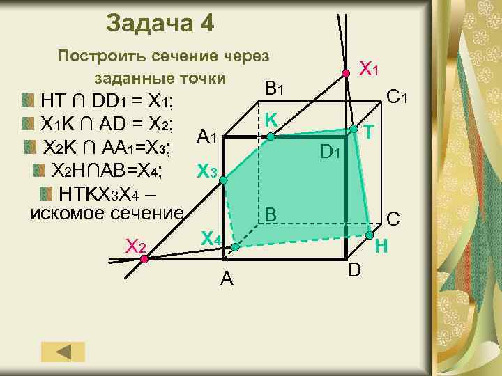 Задача 4 Построить сечение через заданные точки HT ∩ DD 1 = X 1;