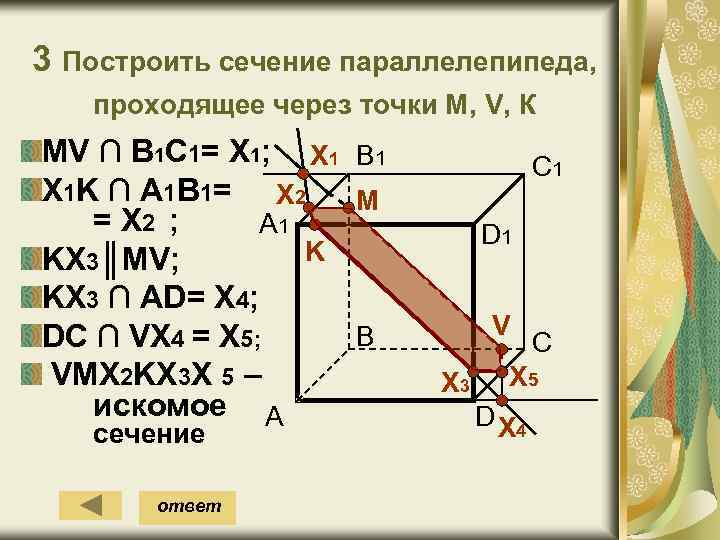 3 Построить сечение параллелепипеда, проходящее через точки М, V, К MV ∩ B 1