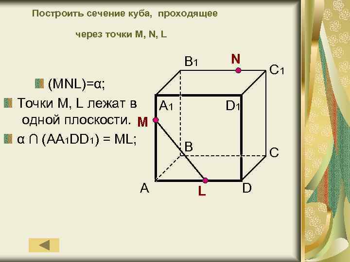 Построить сечение куба, проходящее через точки М, N, L B 1 (MNL)=α; Точки M,