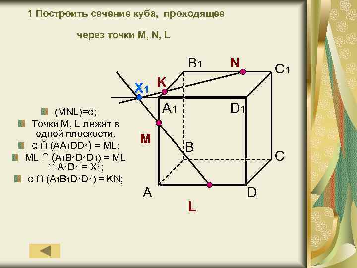 1 Построить сечение куба, проходящее через точки М, N, L B 1 (MNL)=α; Точки