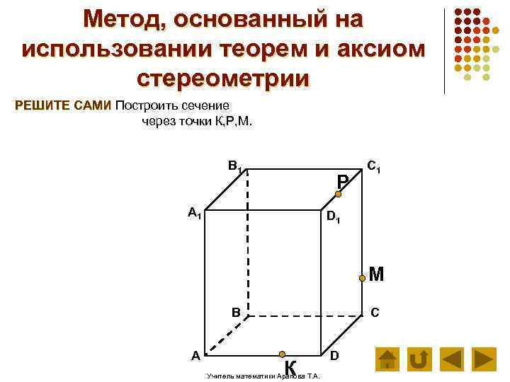 Метод, основанный на использовании теорем и аксиом стереометрии РЕШИТЕ САМИ Построить сечение через точки