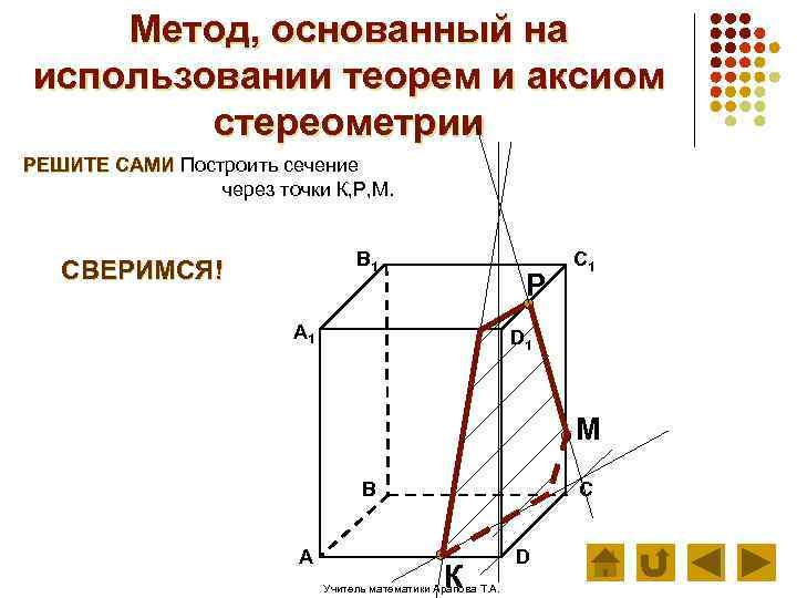 Метод, основанный на использовании теорем и аксиом стереометрии РЕШИТЕ САМИ Построить сечение через точки