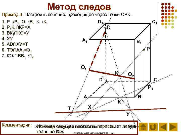 Метод следов Пример 4. Построить сечение, проходящее через точки ОРК. D 1 1. Р→Р